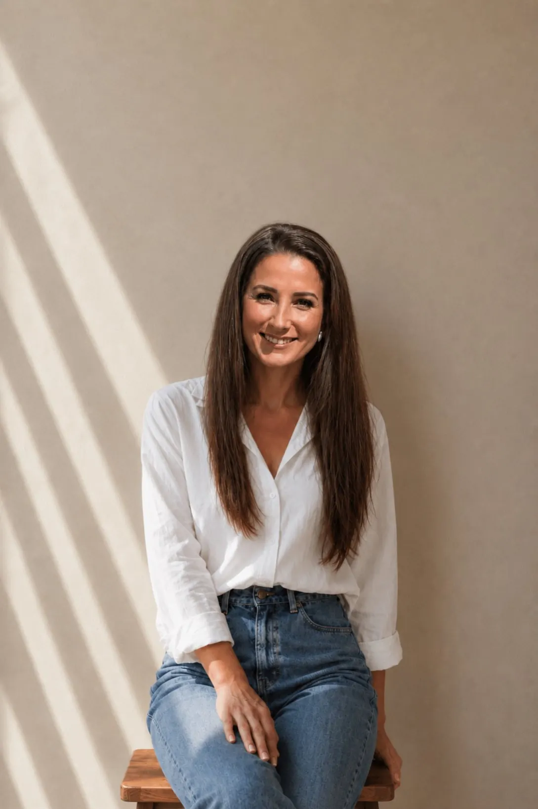 Anita Kiss smiling, seated portrait in a white blouse and jeans