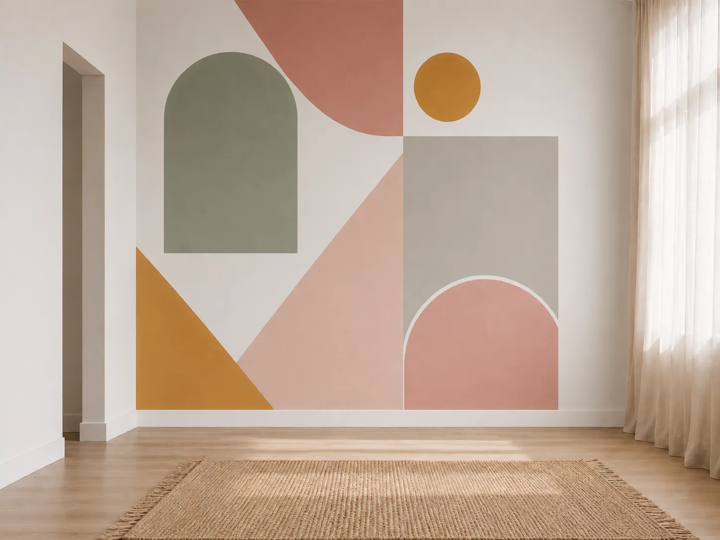 Arched geometric mural in sage, clay and mustard tones