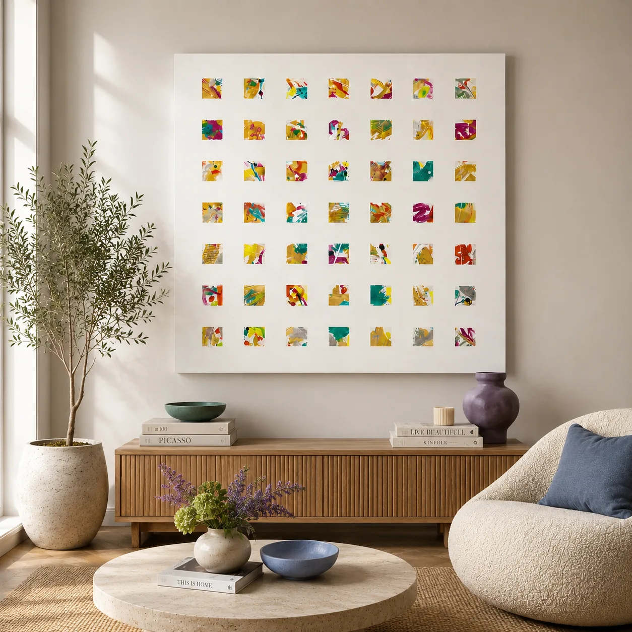 Original abstract canvas grid painting in gold, magenta and teal on a white wall