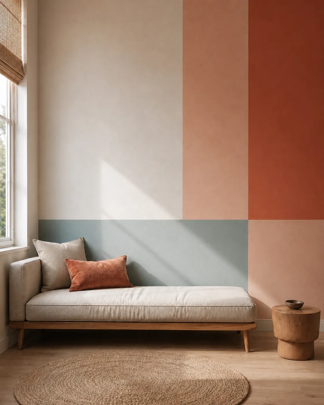 Color-blocked feature wall in terracotta, sage and cream