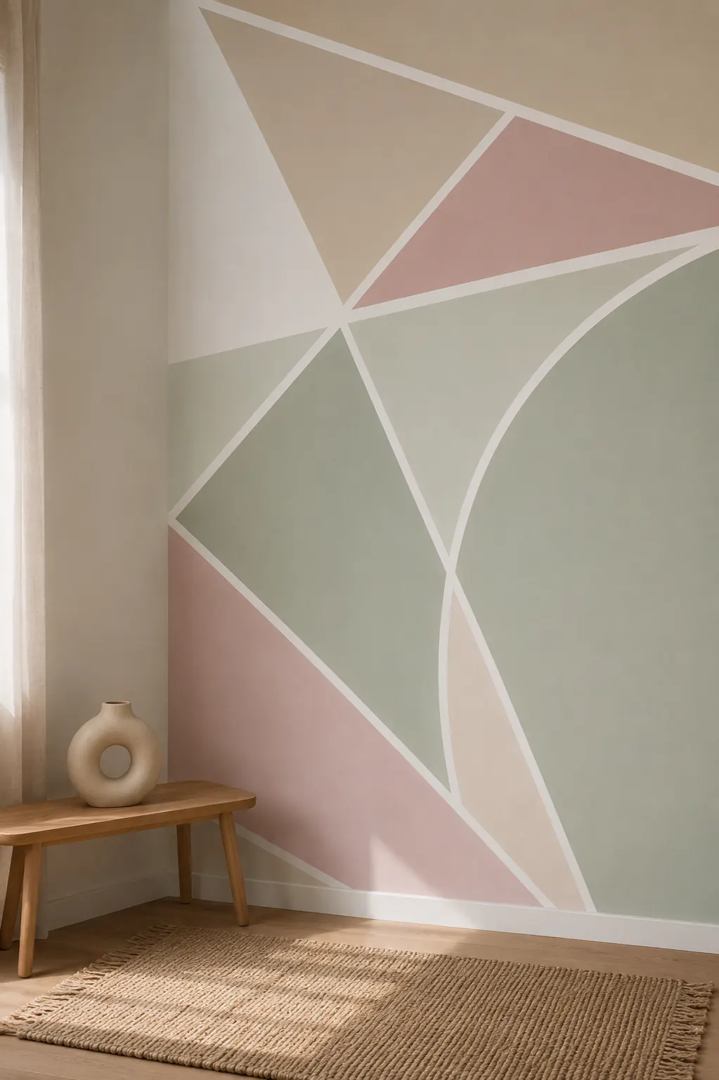 Faceted triangular geometric wall in sage, blush and taupe