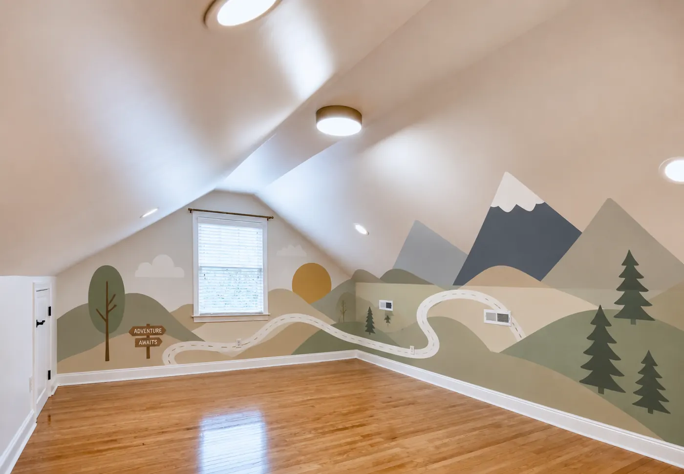 Mountain road mural in an attic bedroom