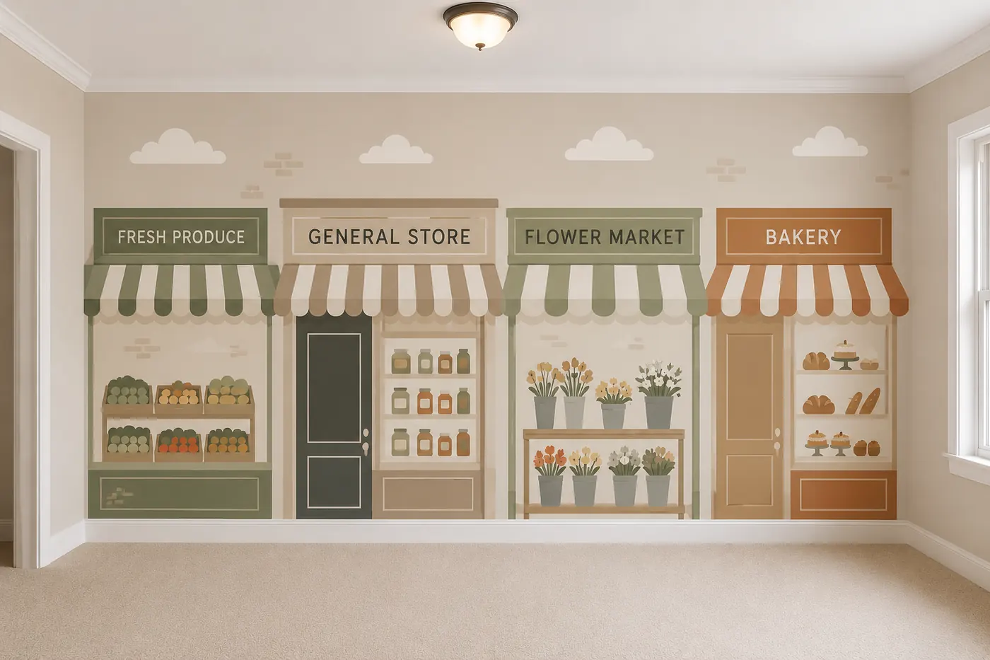 Storefront mural with produce stand, general store, flower market and bakery