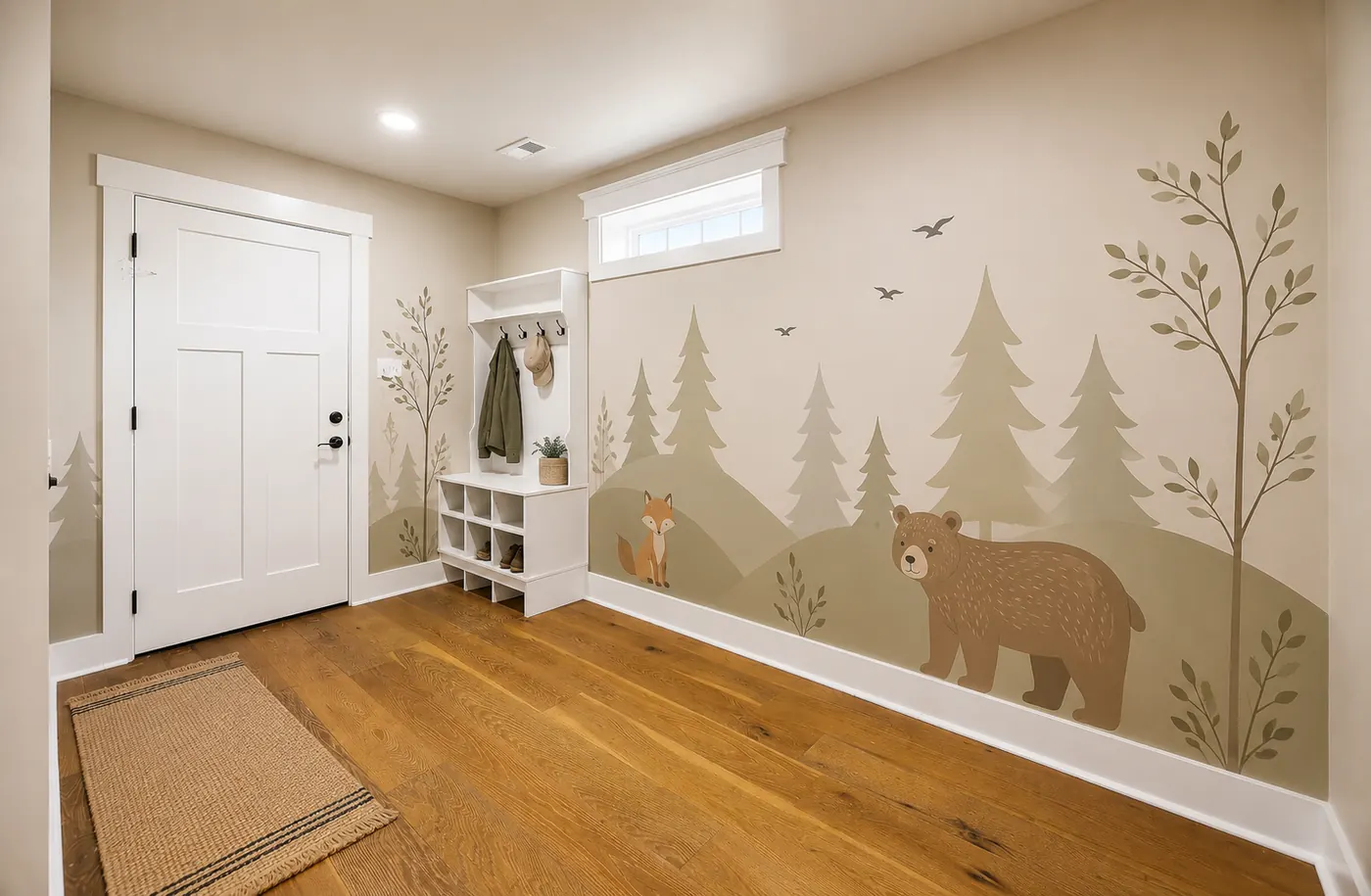 Woodland mudroom mural with bear and fox