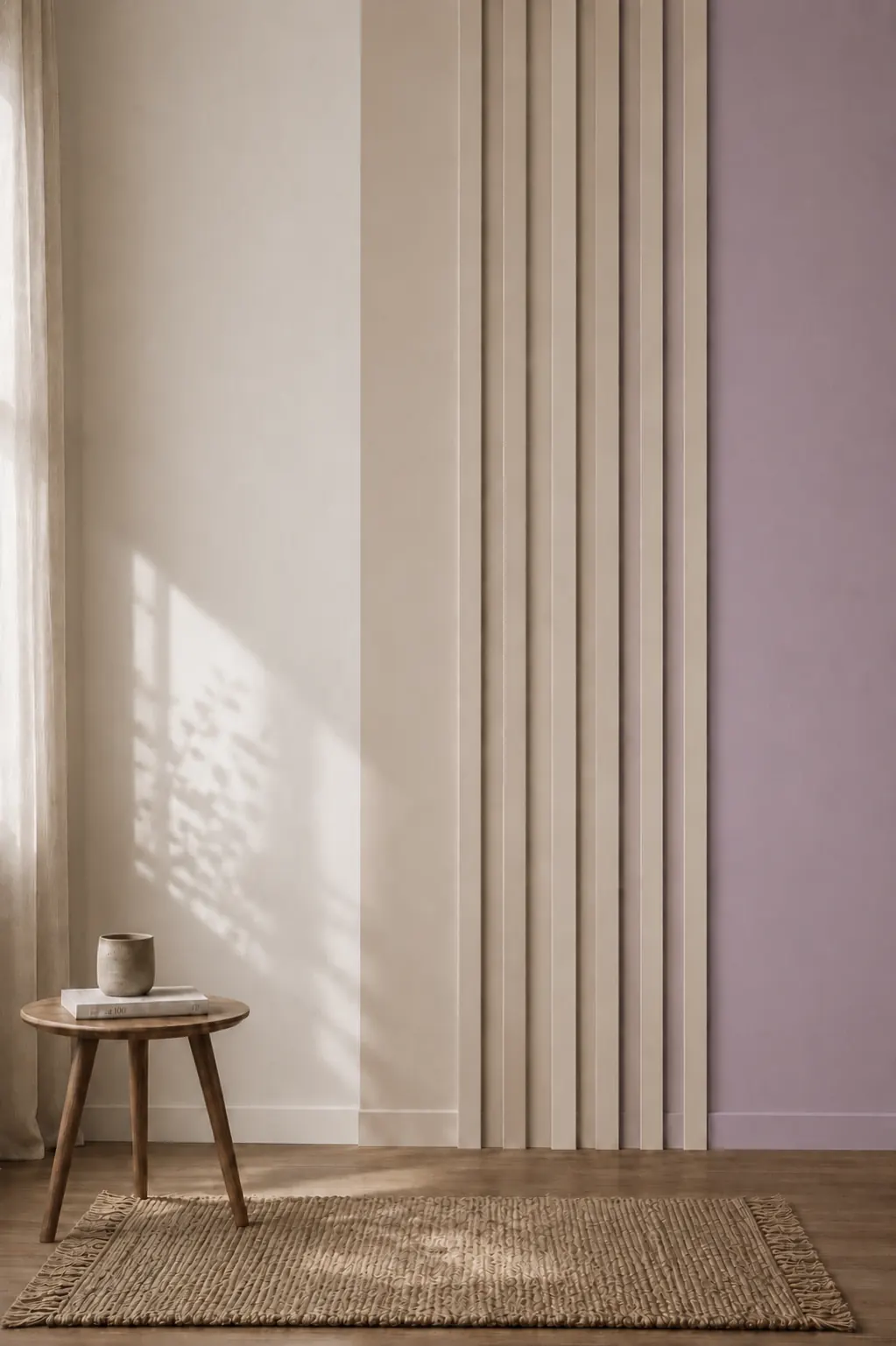 Vertical fluted wall paneling transitioning from cream to soft lavender